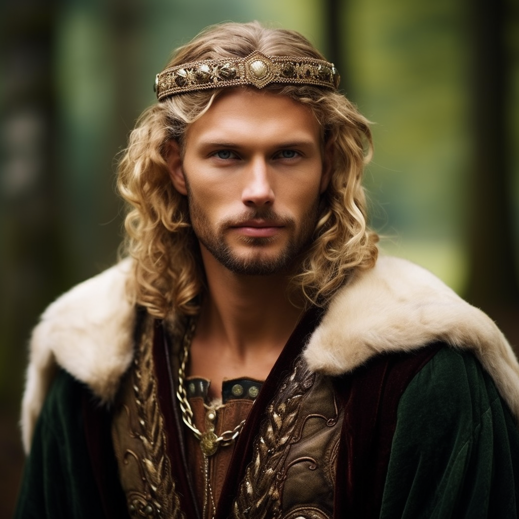 Handsome man in medieval garb with shaggy blonde hair