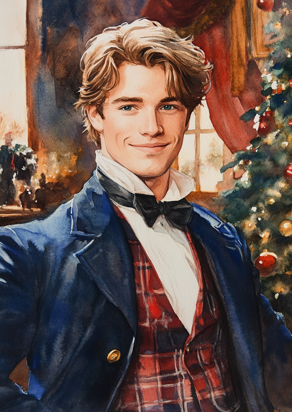 Young man in Victorian Christmas scene