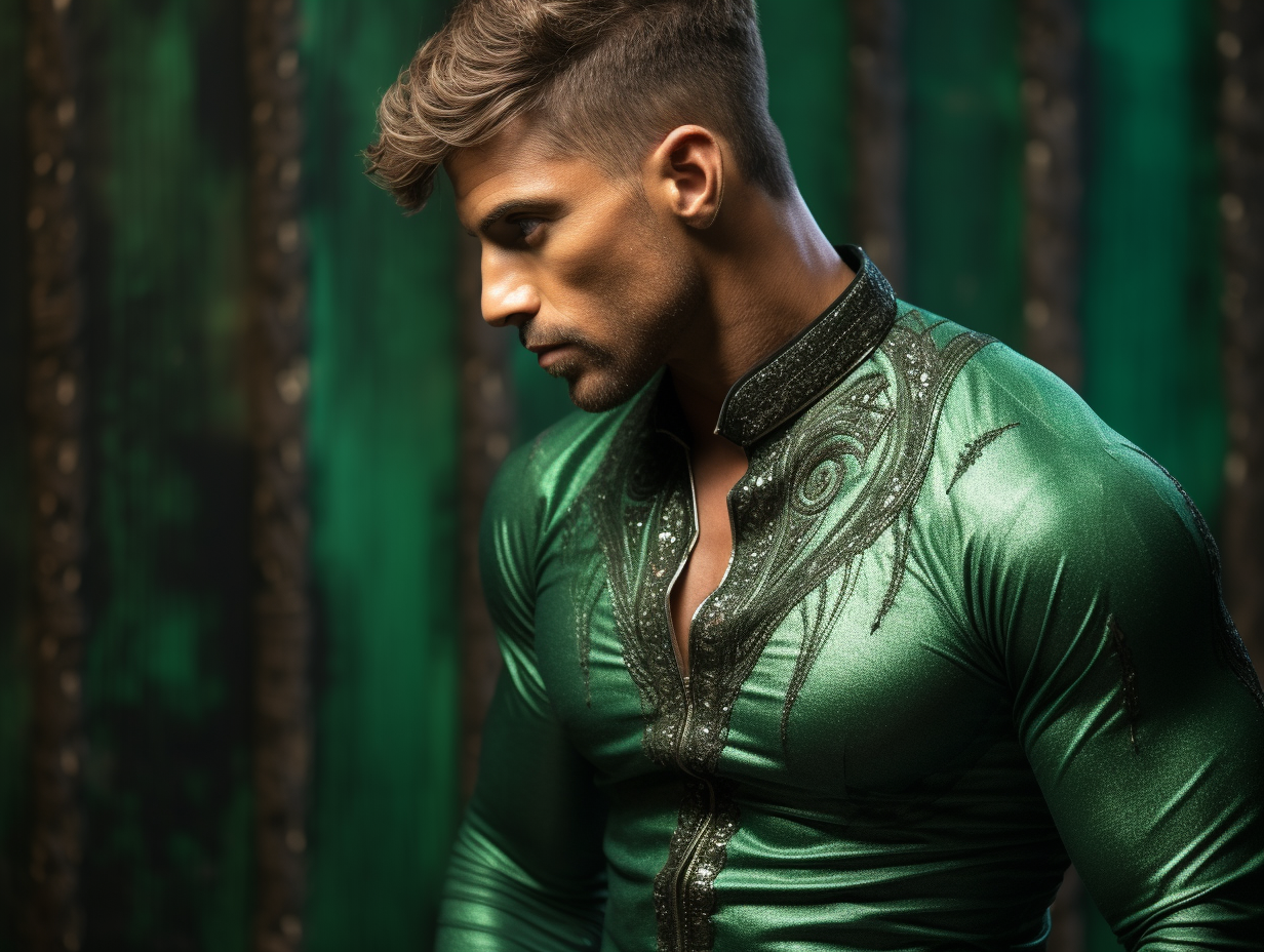 Handsome masculine model flaunting emerald ethnic jewels