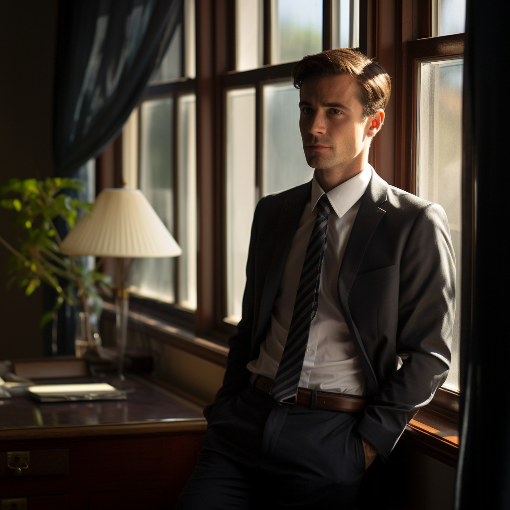 Handsome man working near office window