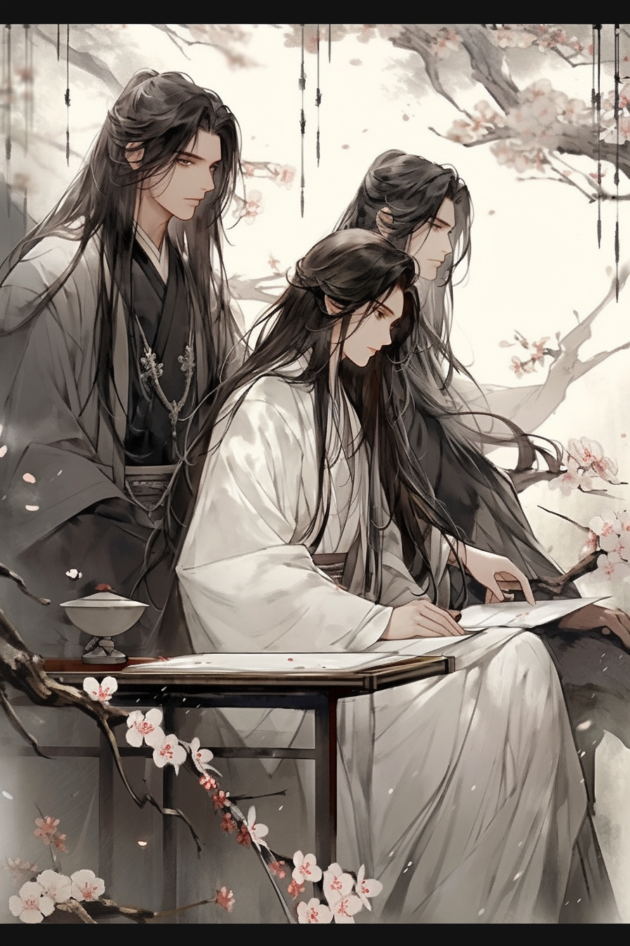 Chinese painting of people in Hanfu under blossom tree