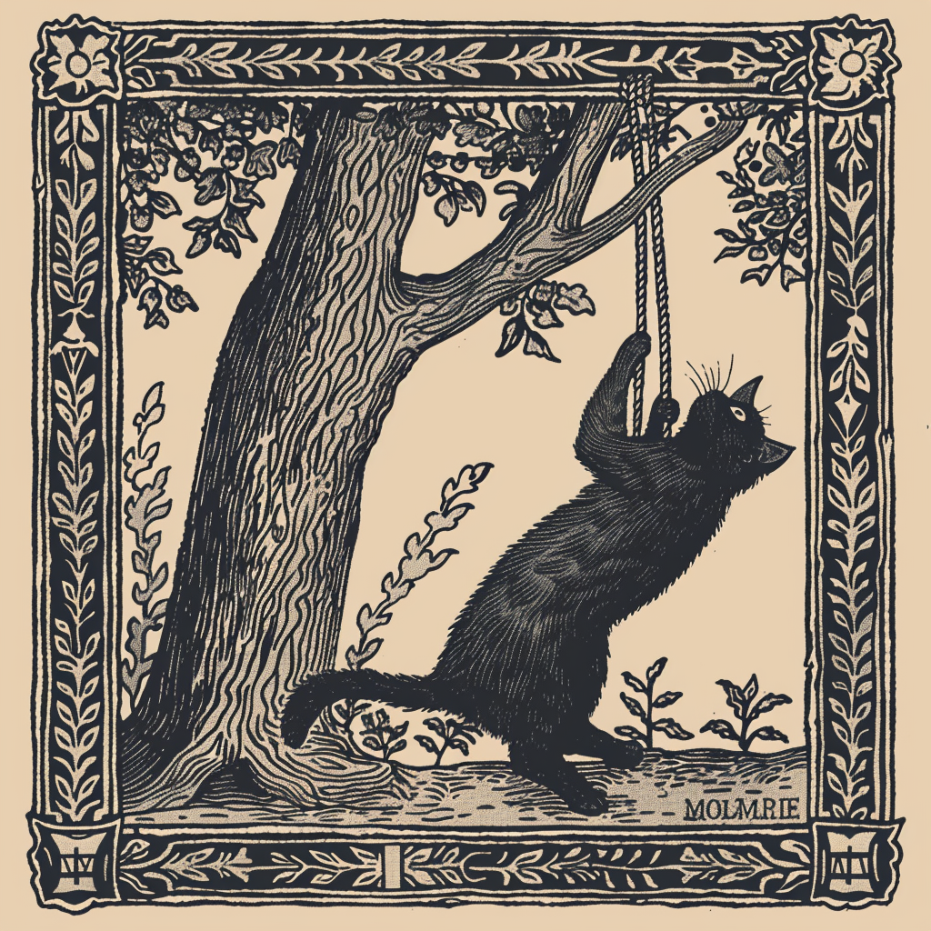 Cat hanged man tarot woodcut