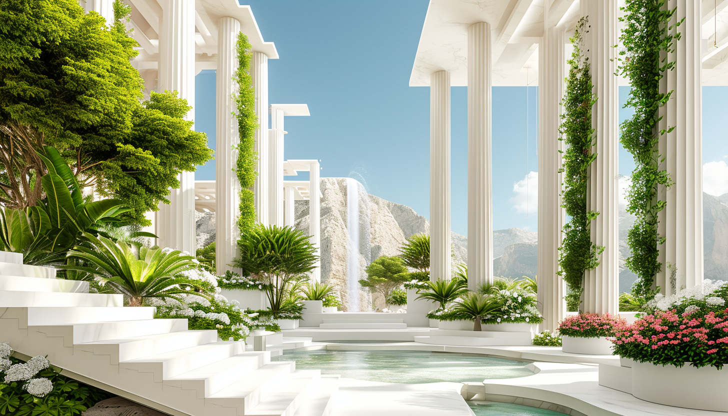 Hanging gardens, Greek architecture, beautiful design