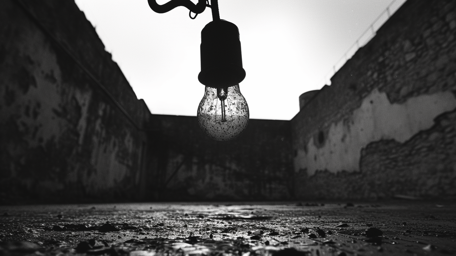 Hanging lightbulb in large minimalistic room