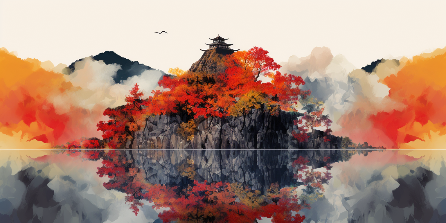 Beautiful autumn scene with castle, rock, and maple tree