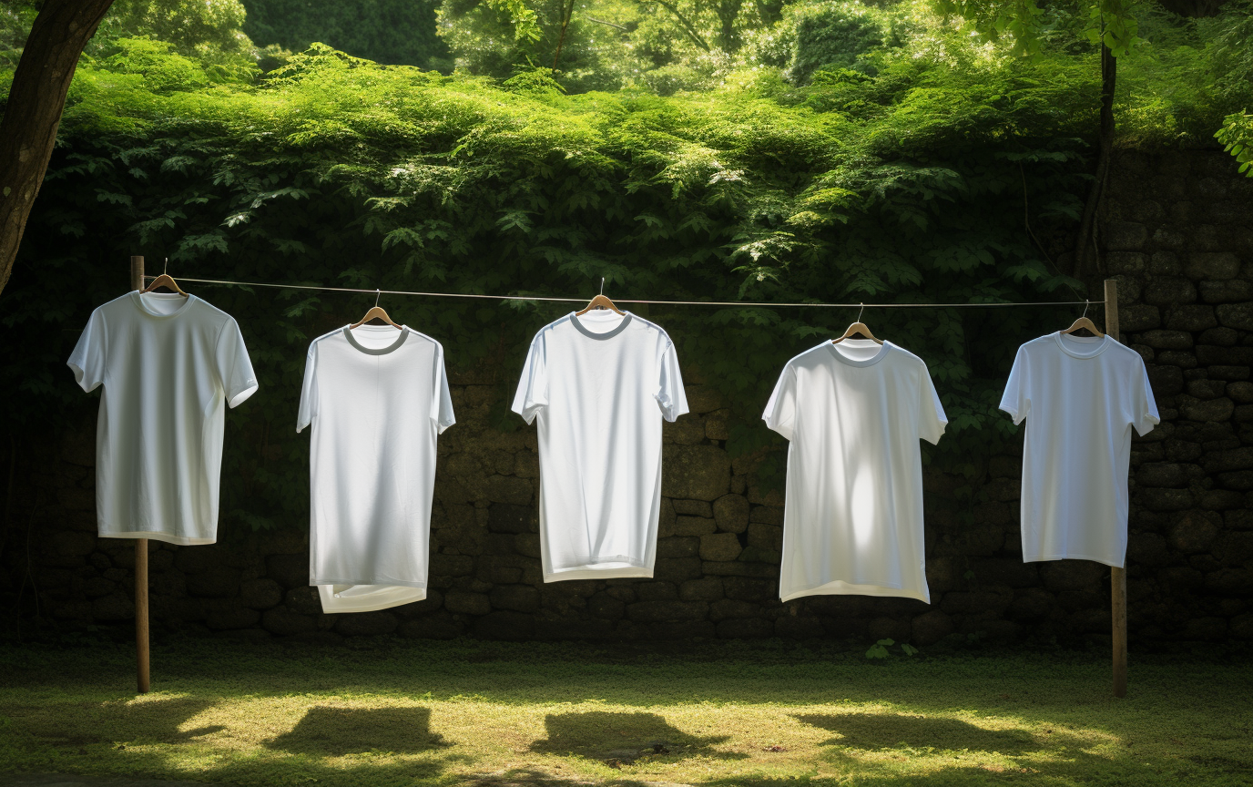 White shirts drying in green yard