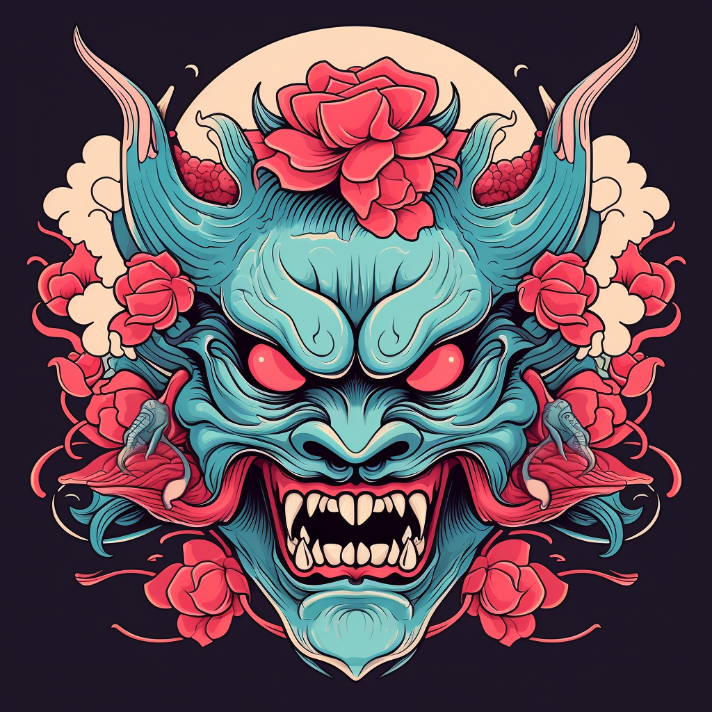 Vibrant Hannya Mask Embroidery Design