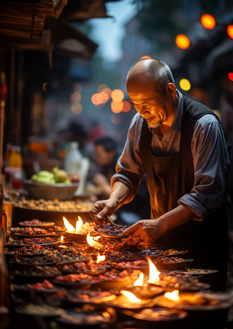 Street hawker grilling Vietnamese pizzas