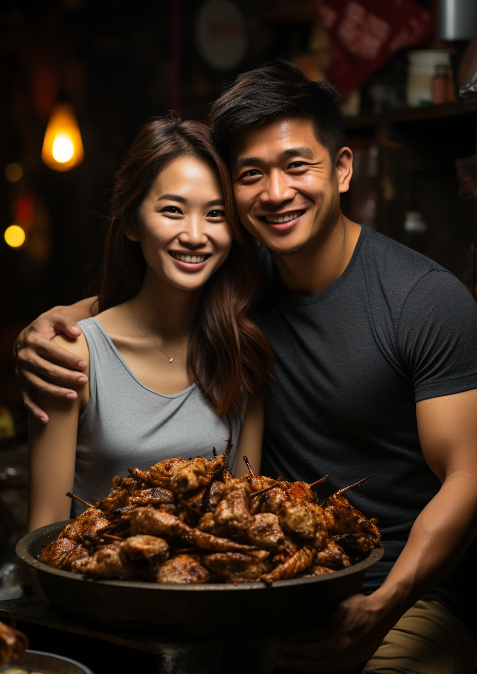 Asian couple enjoying crispy chicken wings in Hanoi