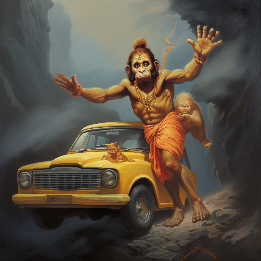 Lord Hanuman carrying a car