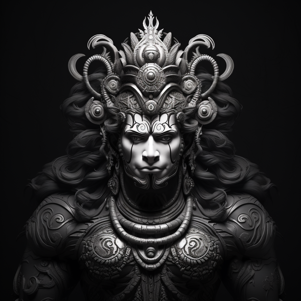 Black and white rendition of powerful Hanuman