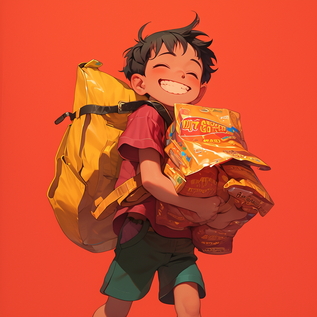 Boy holding big bag of Cheetos