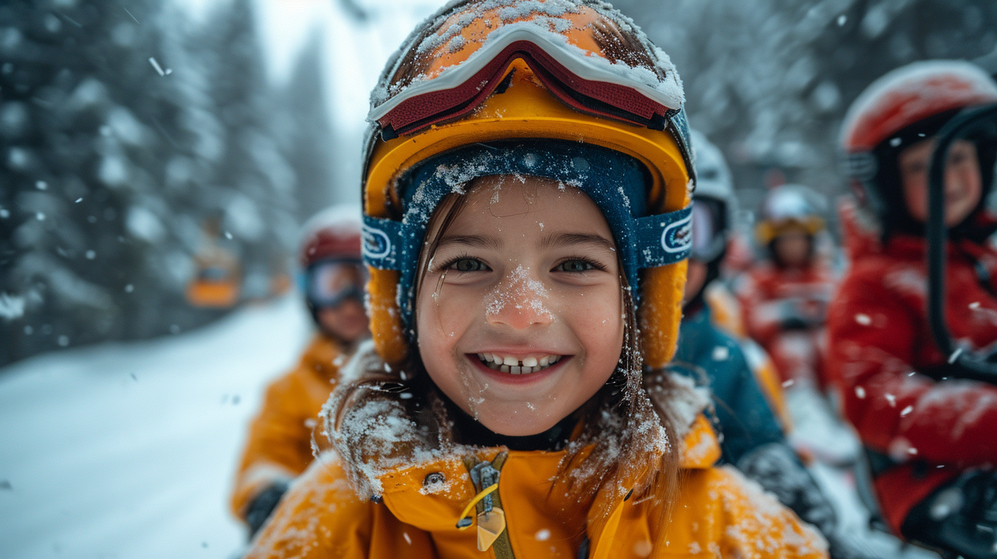 Happy adults and children skiing