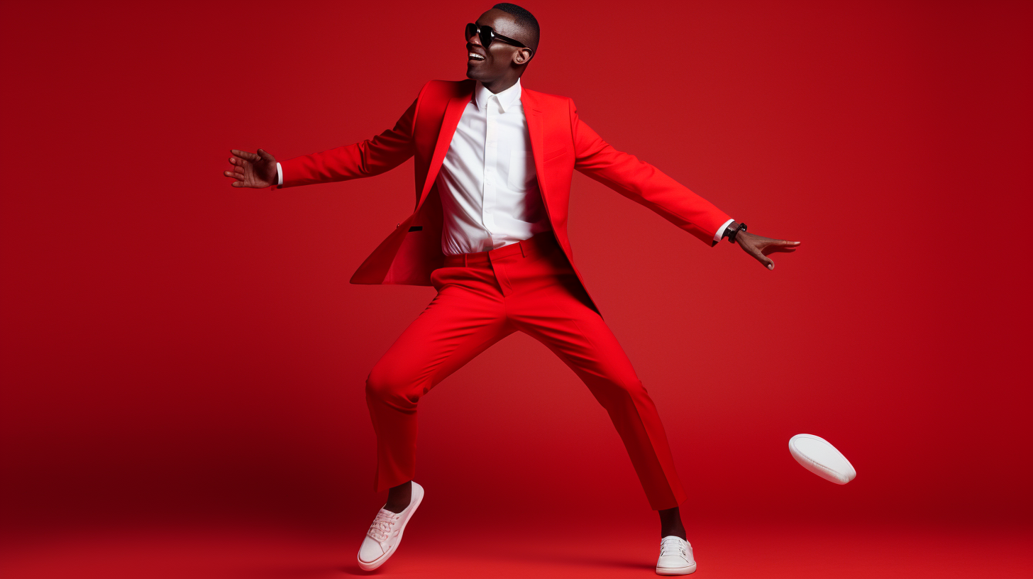 Smiling African American Dancing in Red Suit