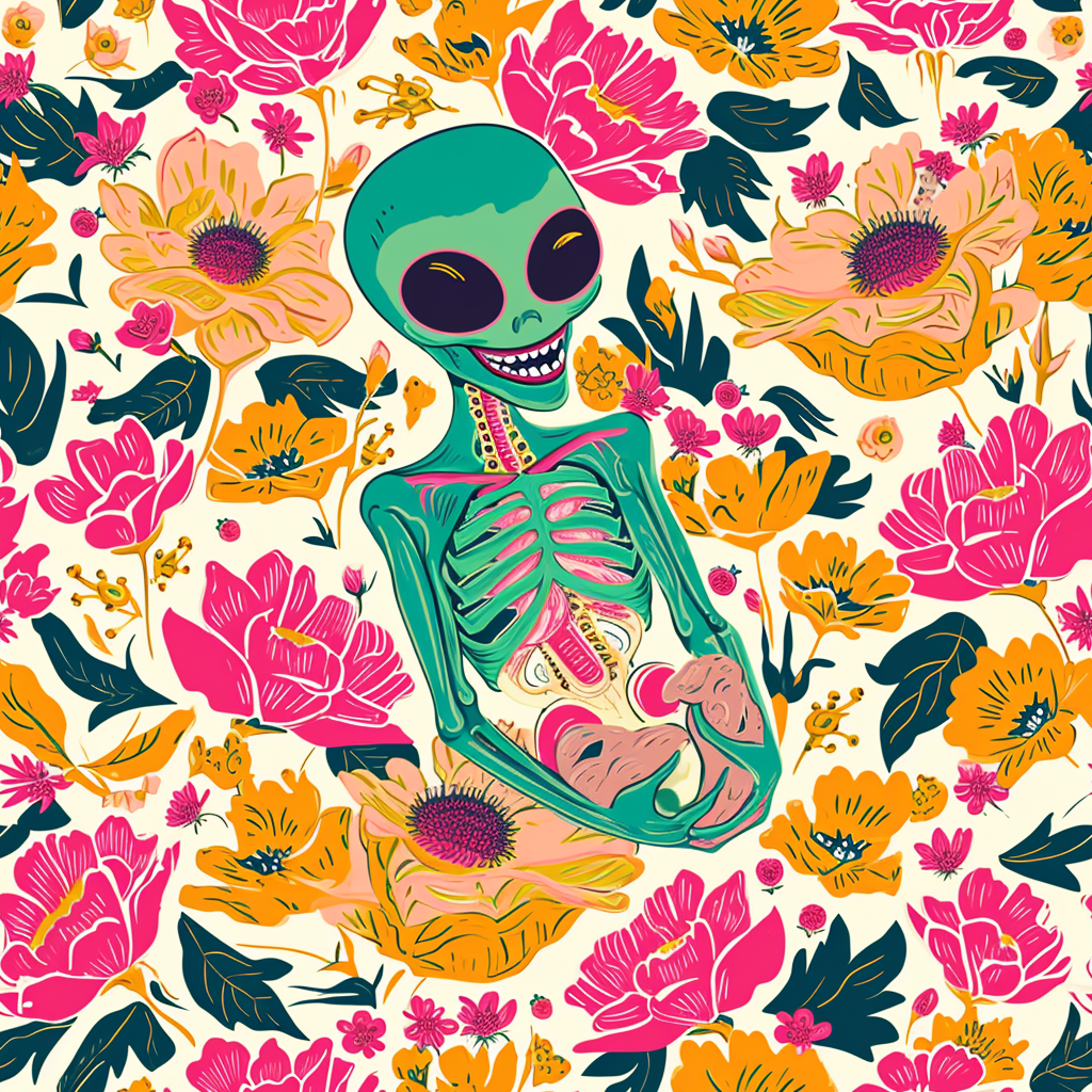 Floral pattern with happy alien eating miniature human body