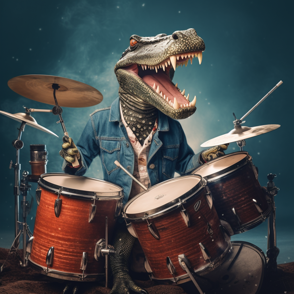 Alligator playing drums in a denim vest