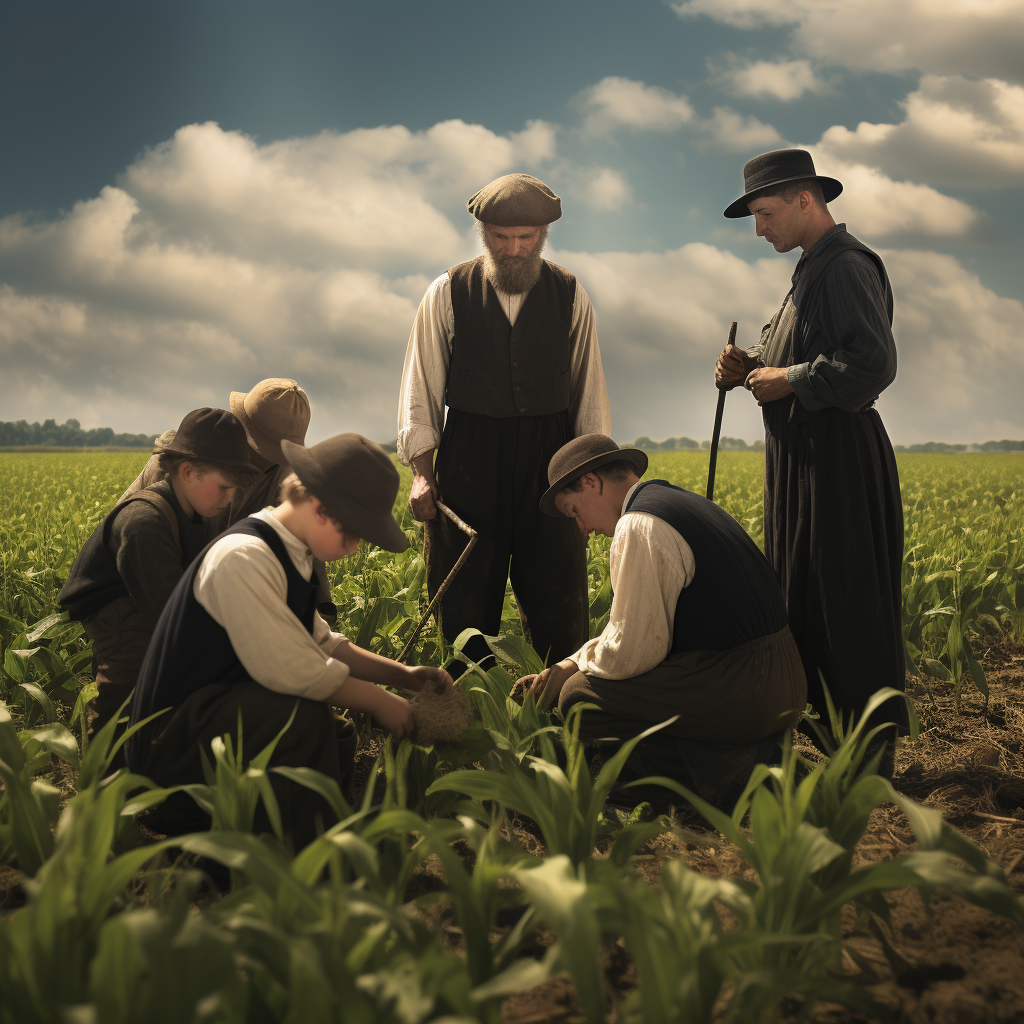 Amish farmers working joyfully in field