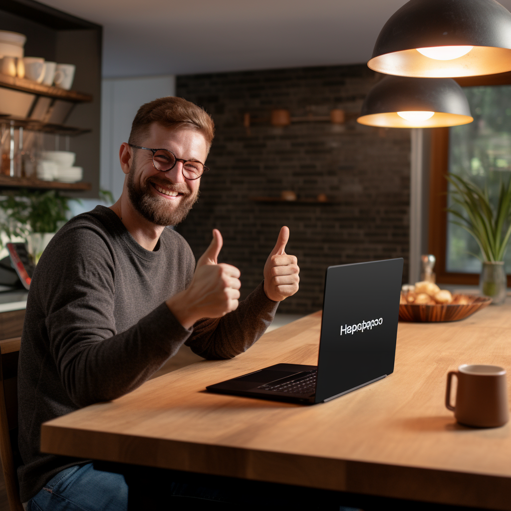 Happy person approved for mortgage in kitchen