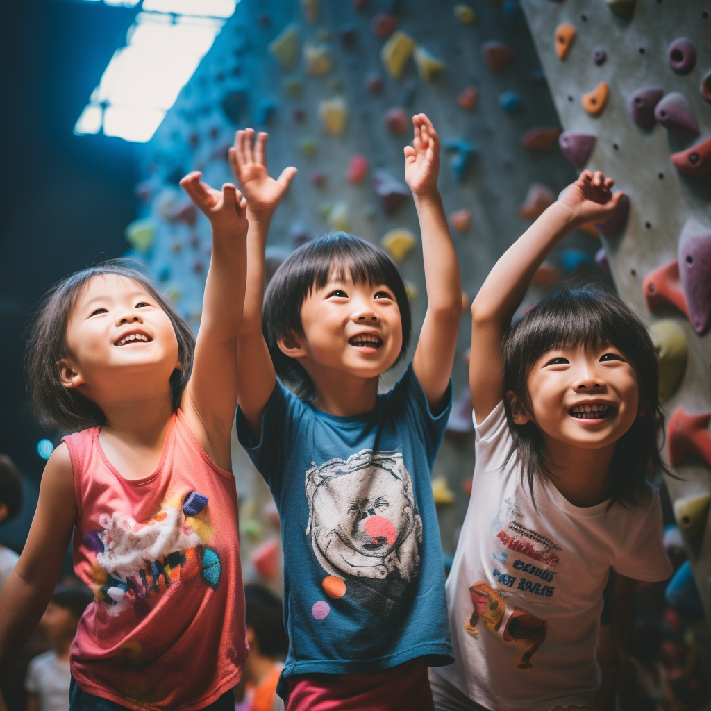 Happy Asian Boy and Two Girls Bouldering