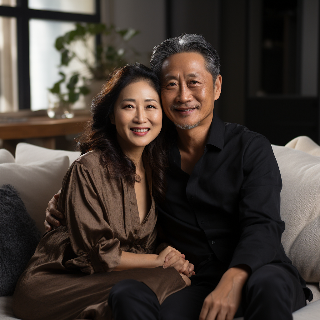 Happy Asian couple on grey sofa