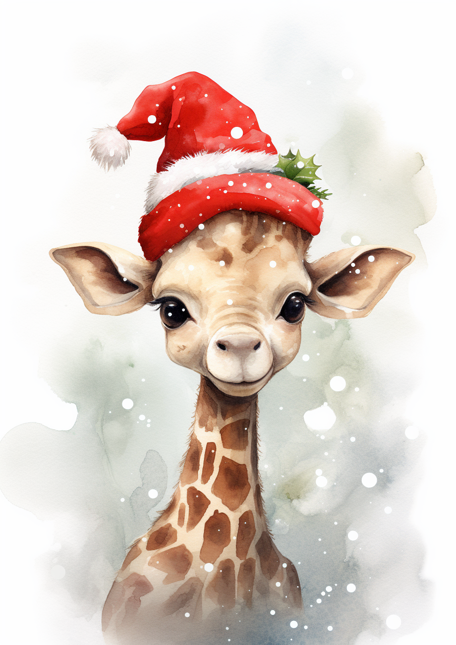 Watercolour-style Baby Giraffe with Christmas Hat