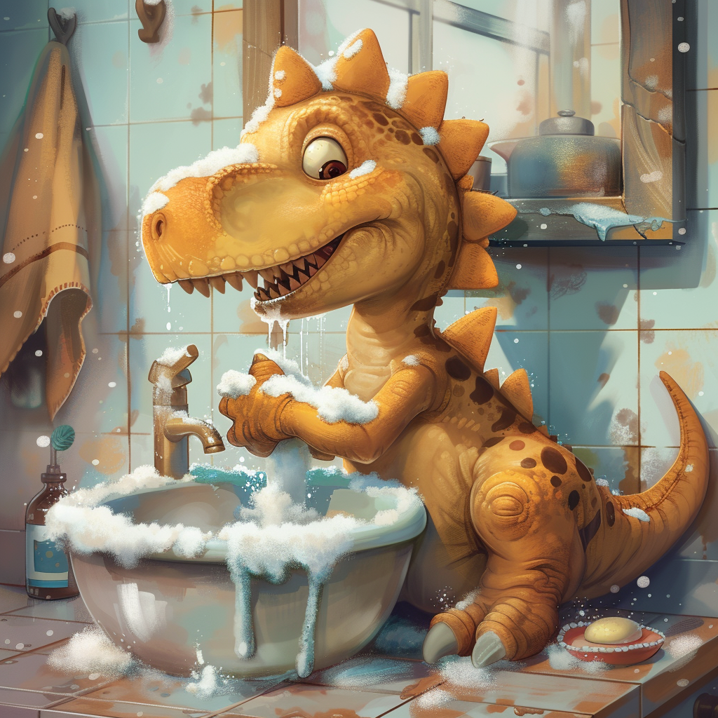 Baby Spinosaurus Washing Hands in Bathroom