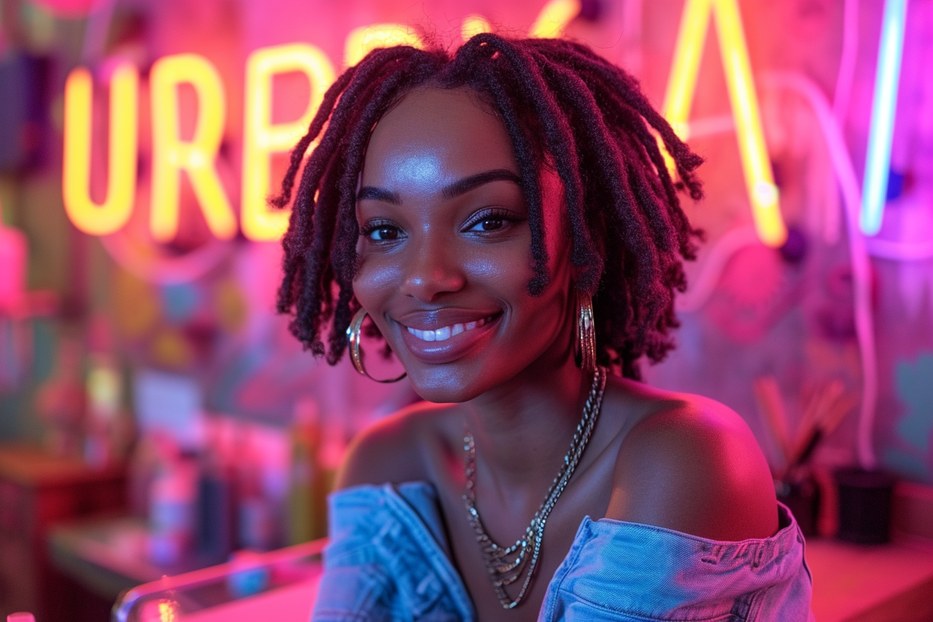 Happy Beauty Black Woman Sitting at Desk