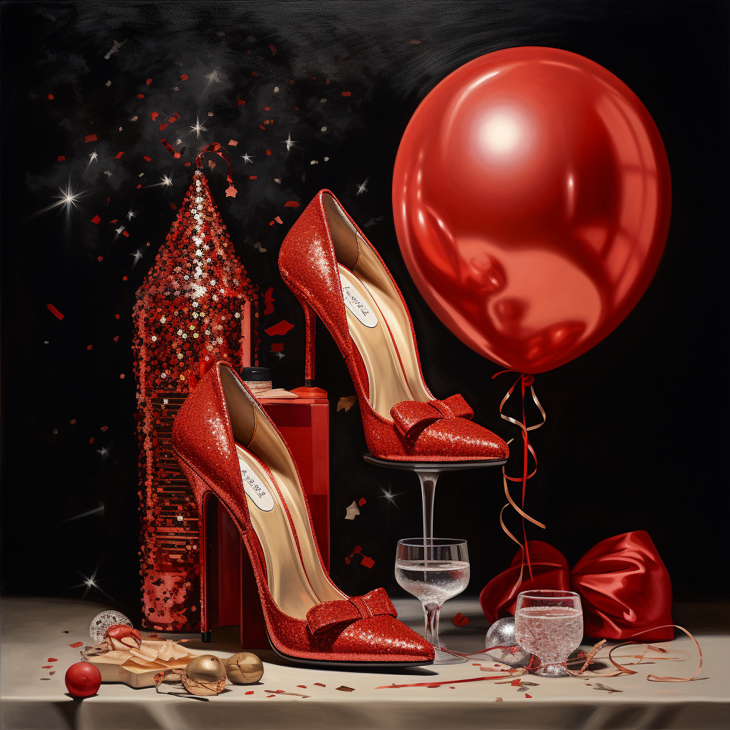 Happy Birthday Heels Red Balloons Champagne Glitter Realistic