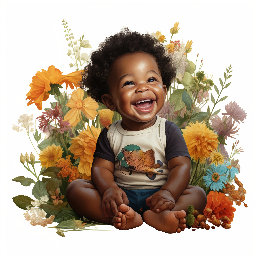 Smiling black baby surrounded by colorful flowers