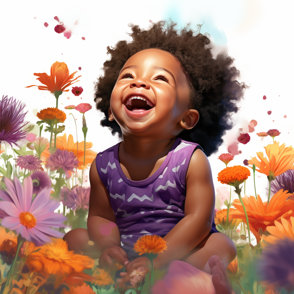 Joyful baby surrounded by vibrant flowers