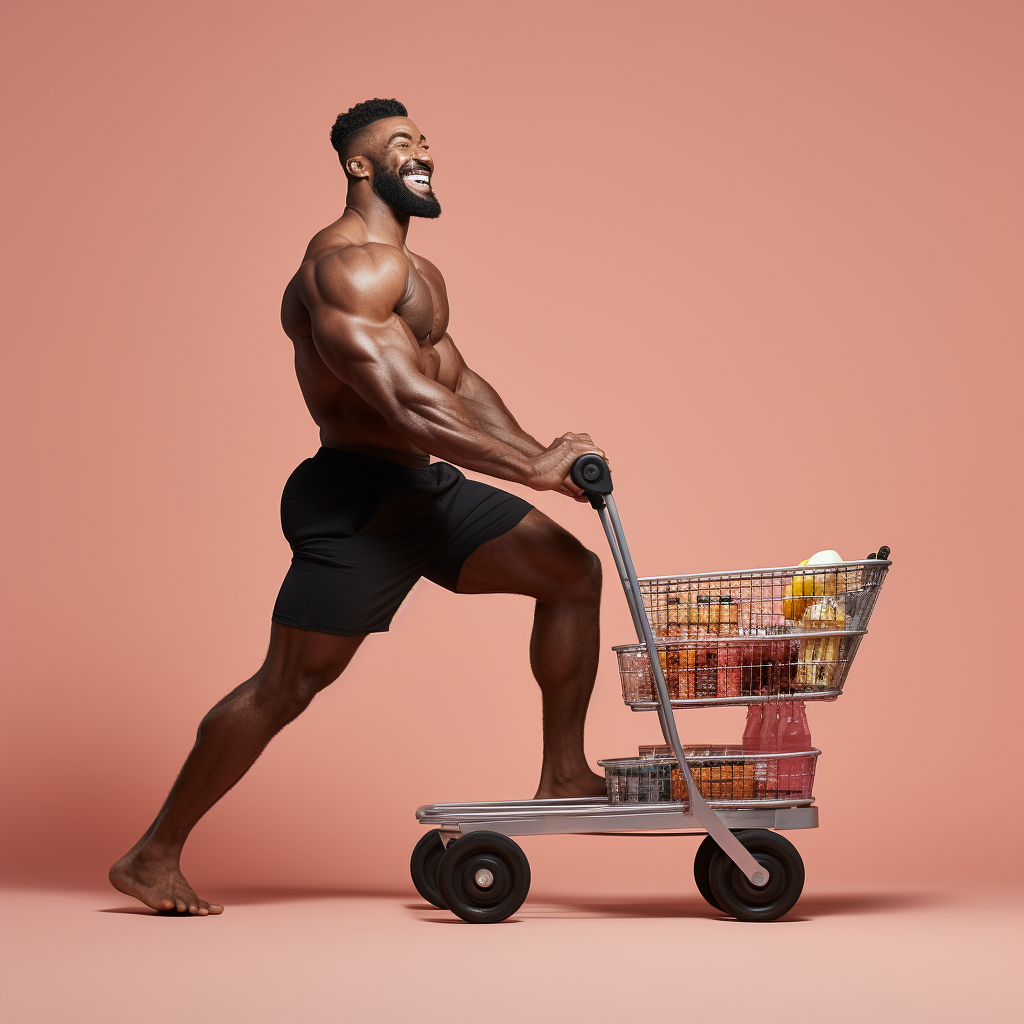 Happy black bodybuilder pushing cart forward