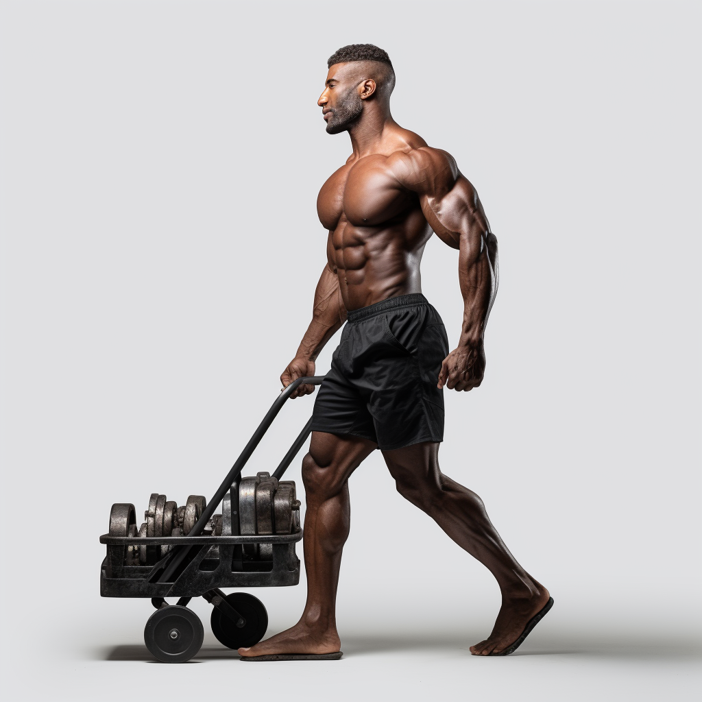 Strong black bodybuilder pushing cart forward