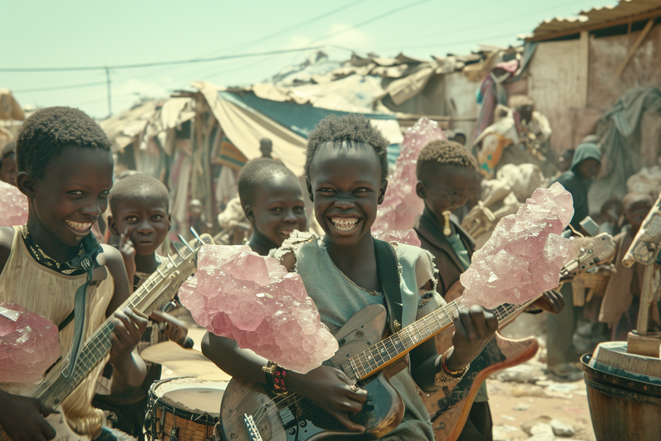 Happy Black Children with Pink Quartz Crystals Playing Instruments