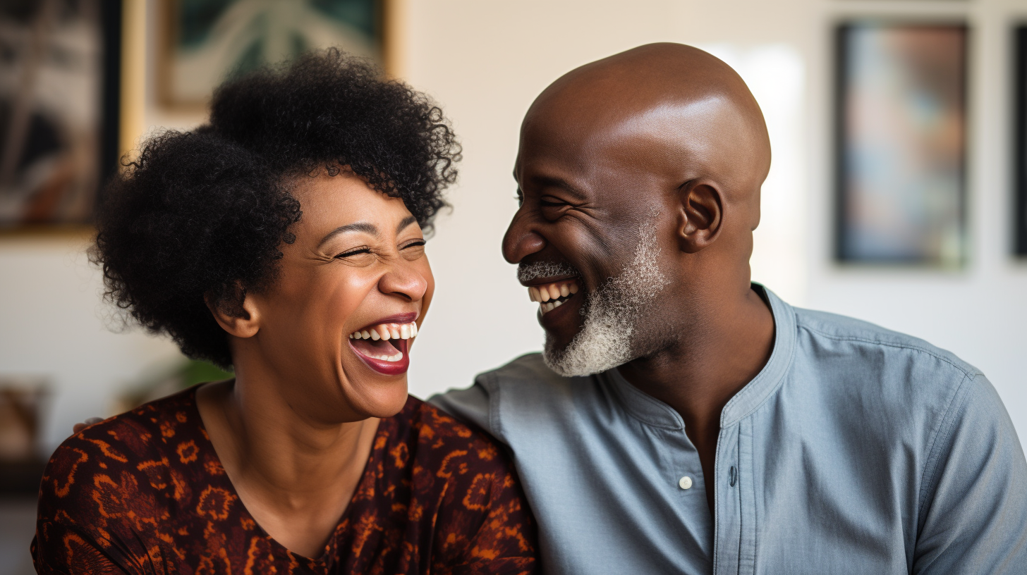 Smiling middle age black couple in well-lit living room