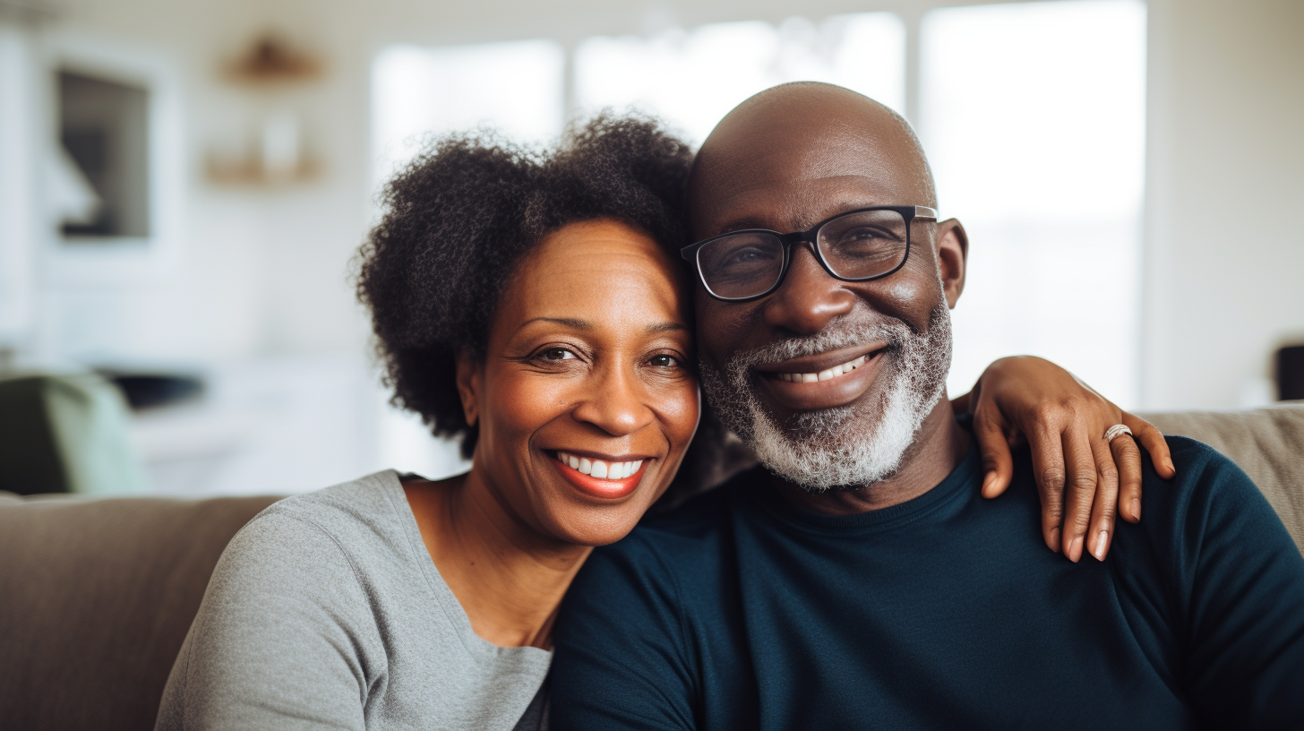 Smiling middle age black couple in brightly lit living room