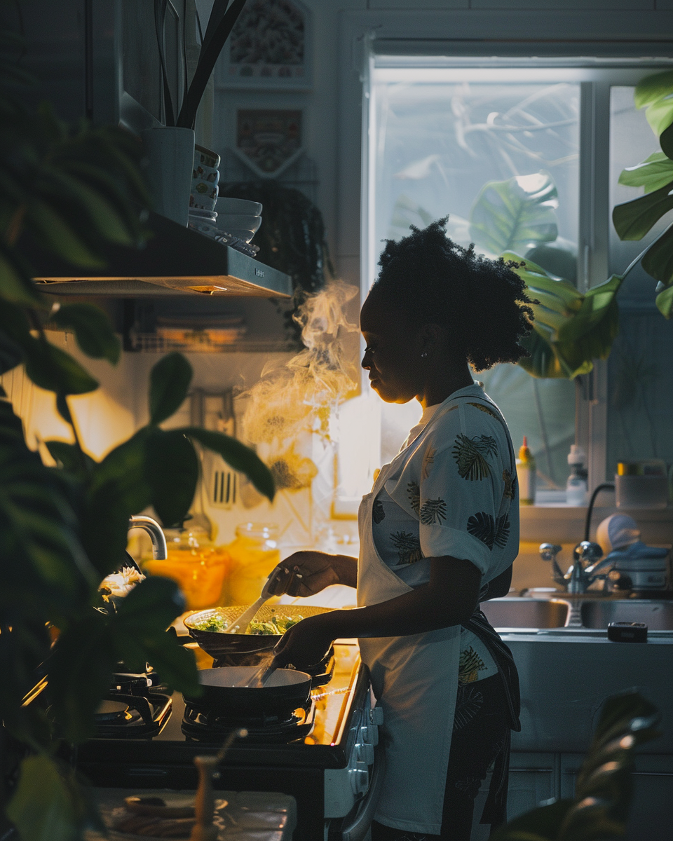 black woman cooking in white kitchen