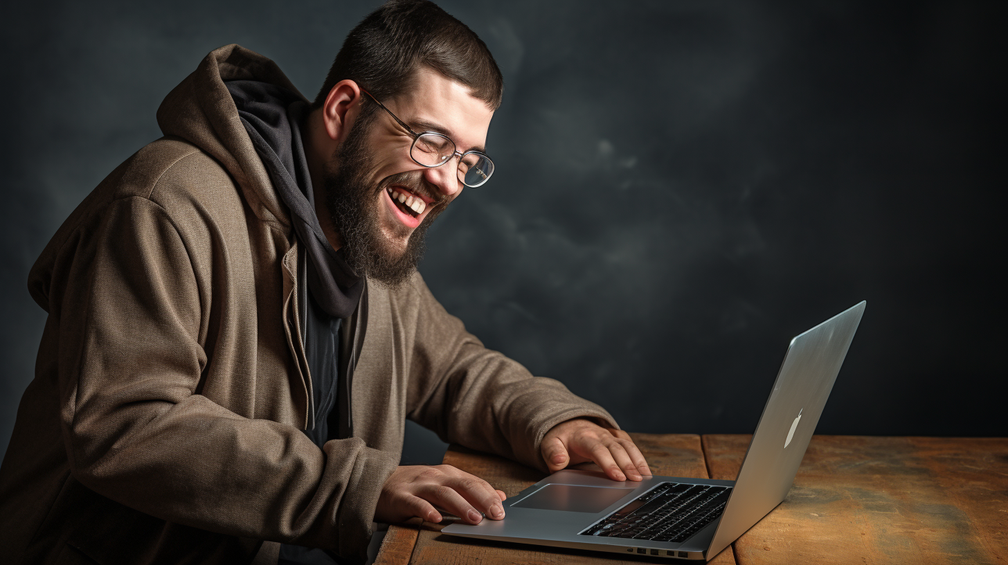 Visually impaired man using laptop joyfully