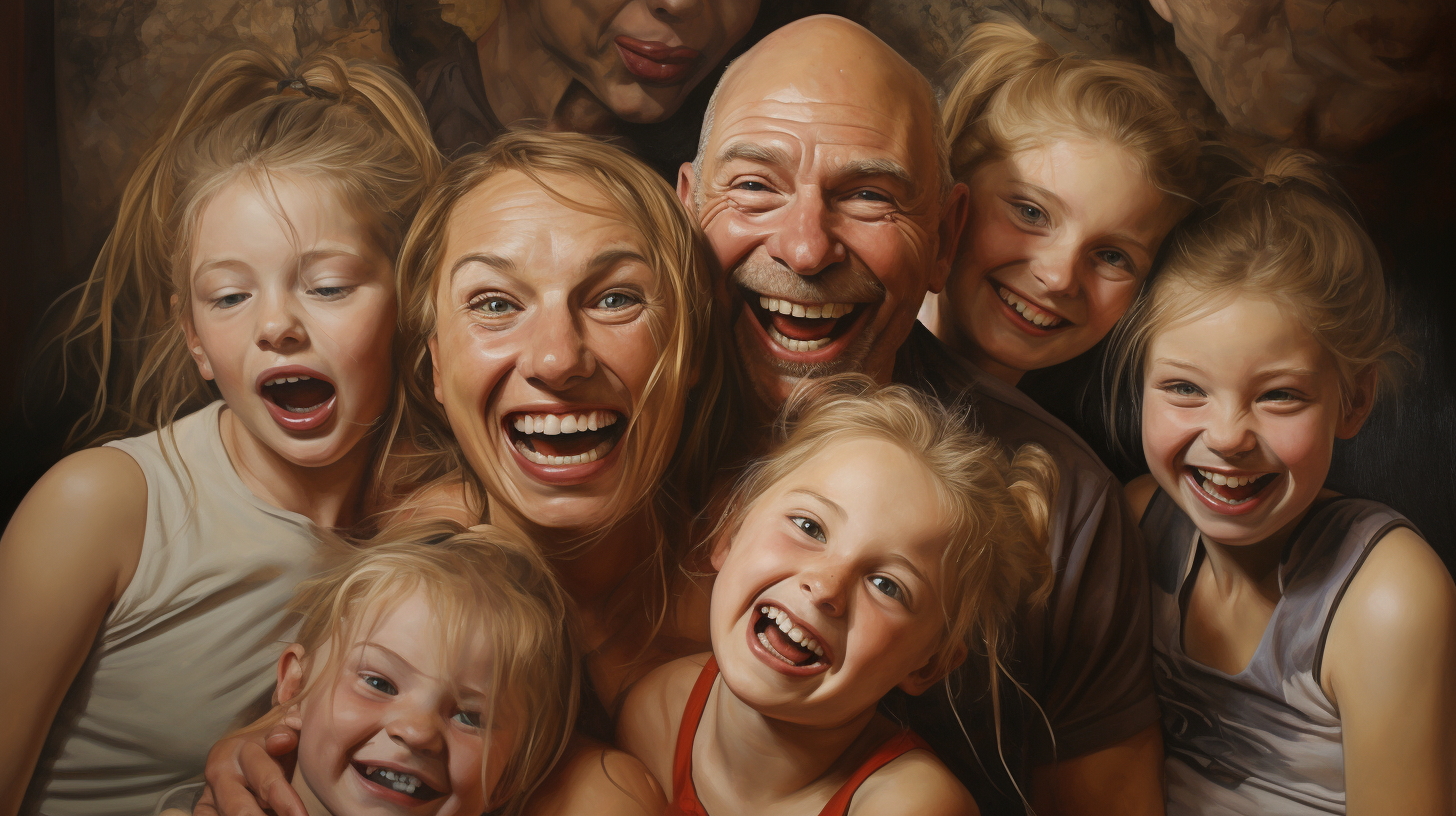 Blond girl with loving family in oil painting