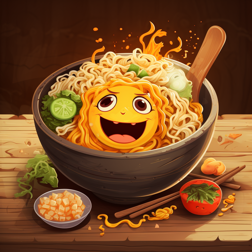 Cartoon illustration of a happy bowl of ramen