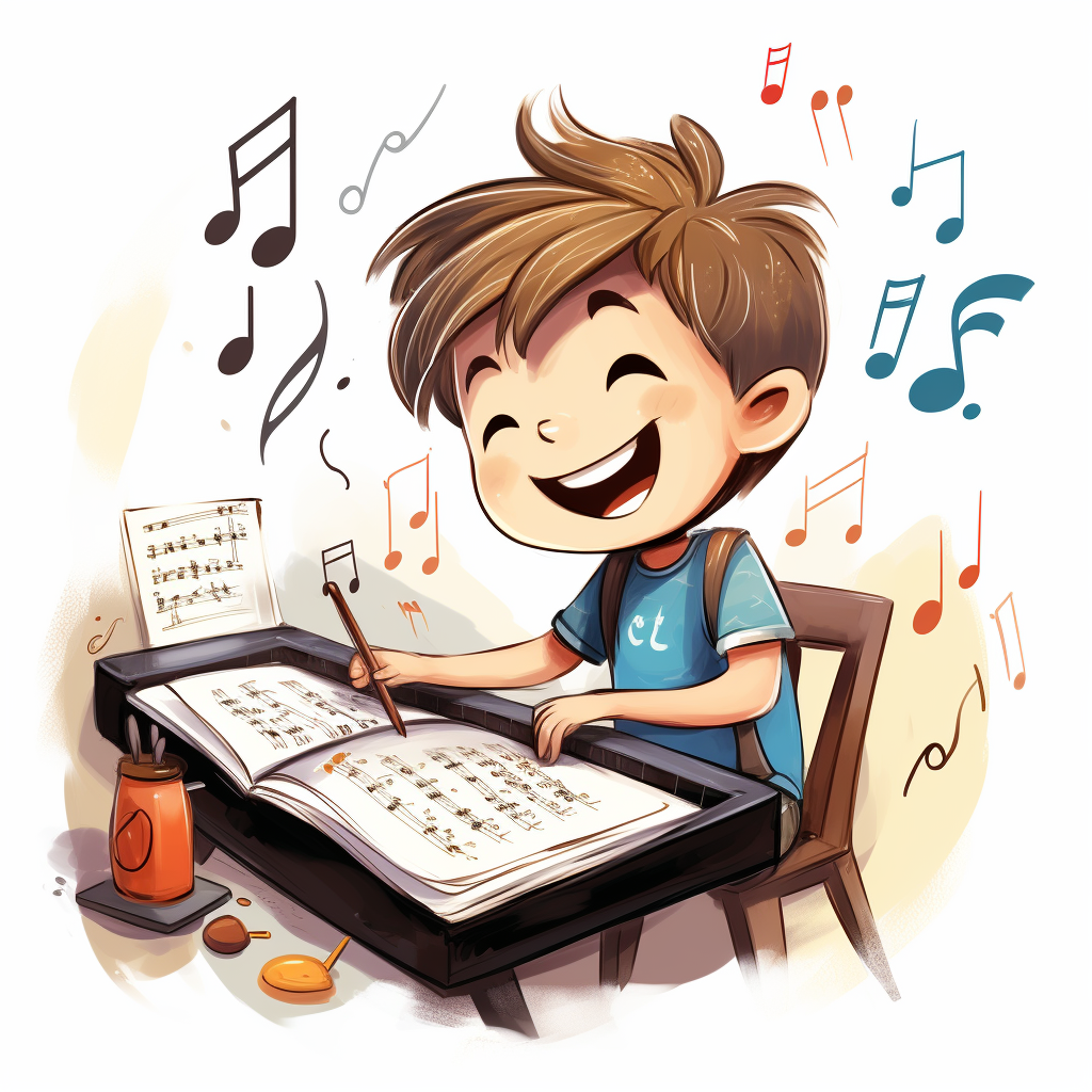 Happy boy learning music theory