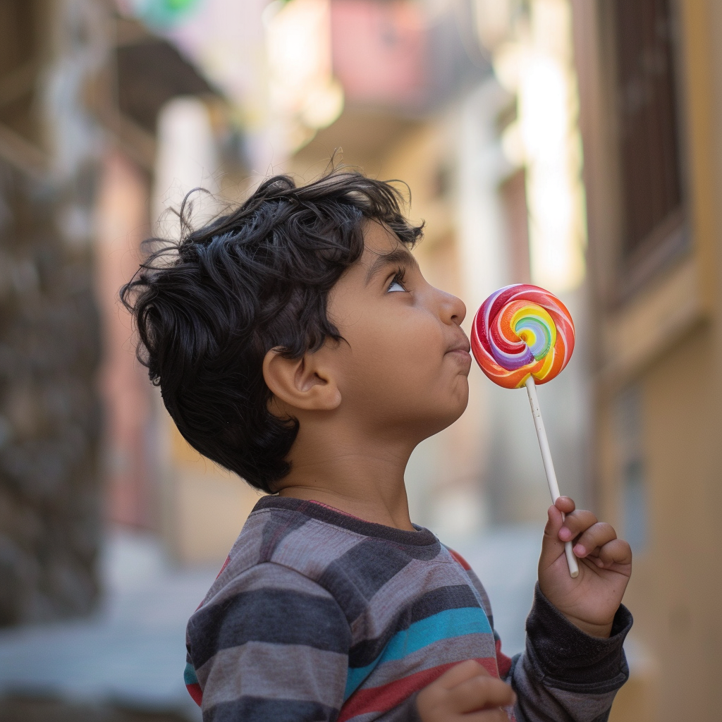 Boy with lollipop looking at sky