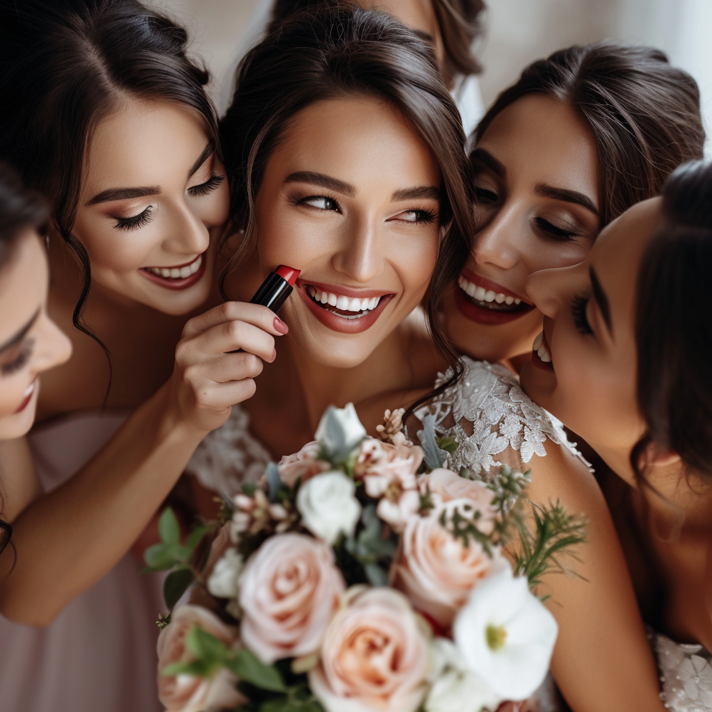 Happy bride with bridesmaids and lipstick