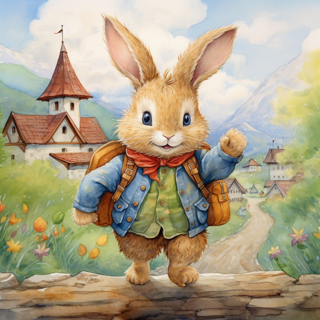 Colorful Beatrix Potter Style Happy Bunny Goes to School