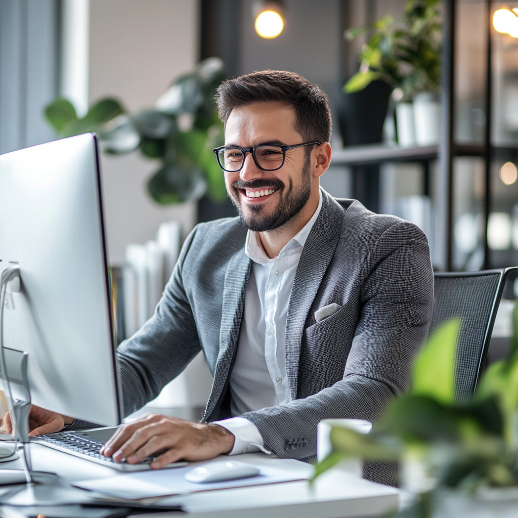 Happy businessman working on payment solution