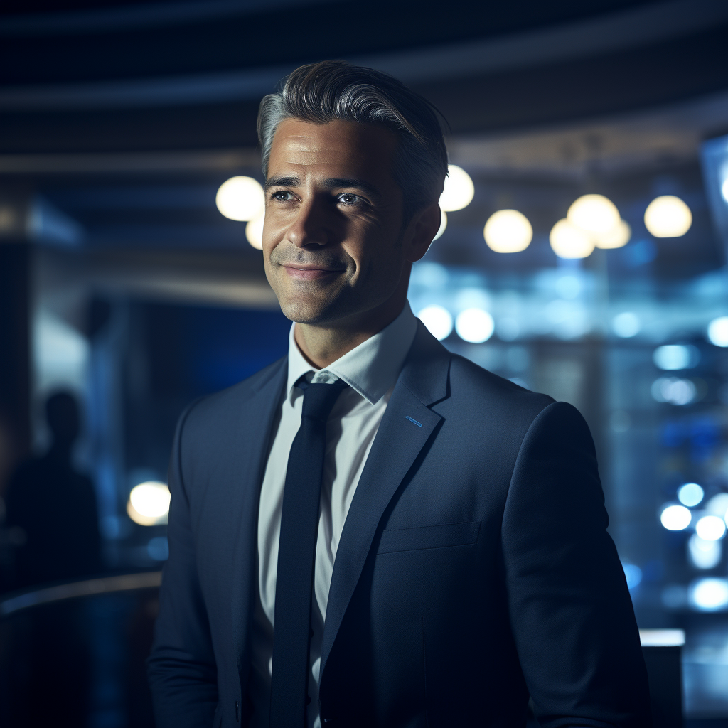 Happy businessman under soft blue lighting