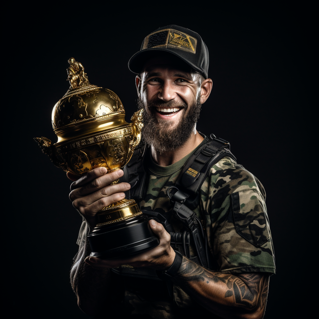 Happy soldier with gold trophy