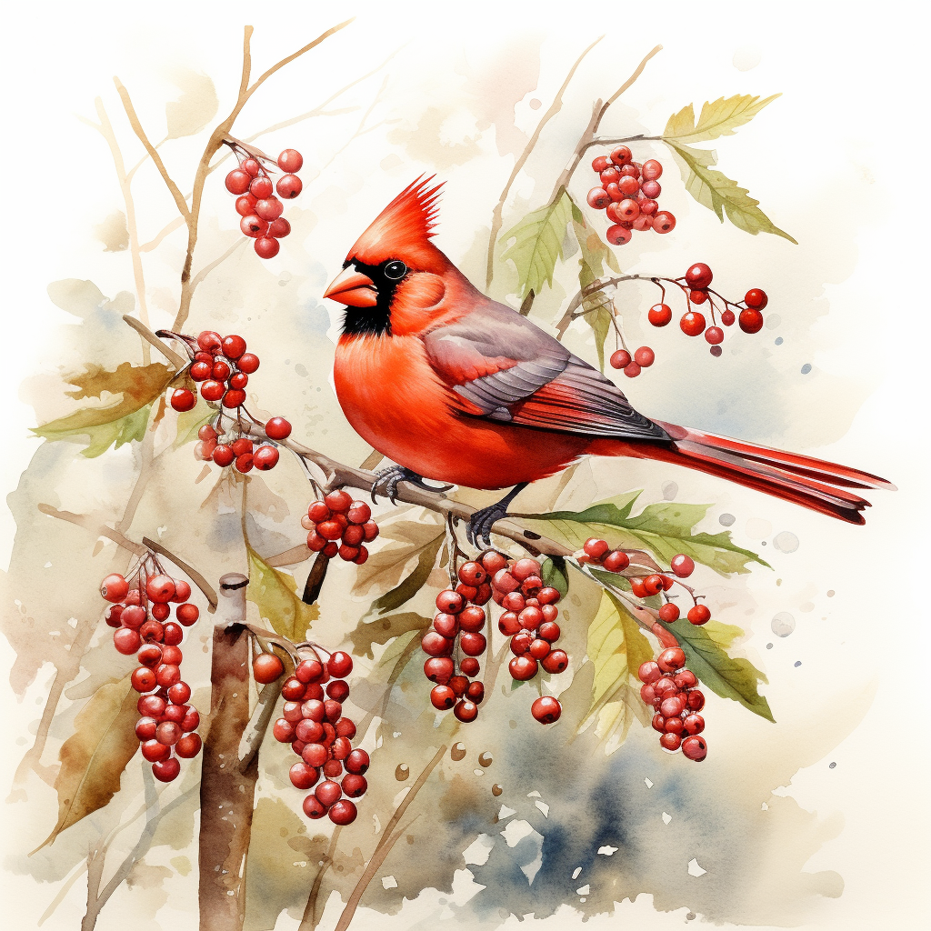 Happy cardinal collecting berries watercolour