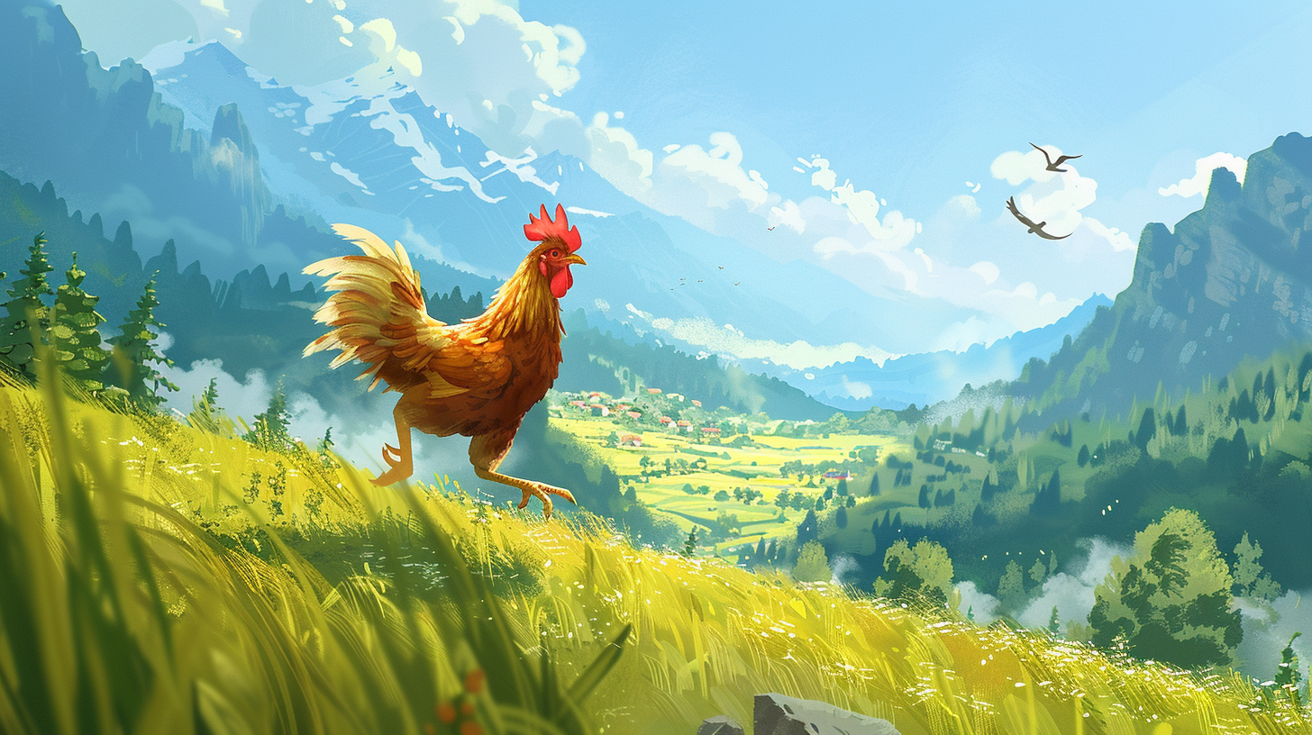 Happy chicken running in landscape