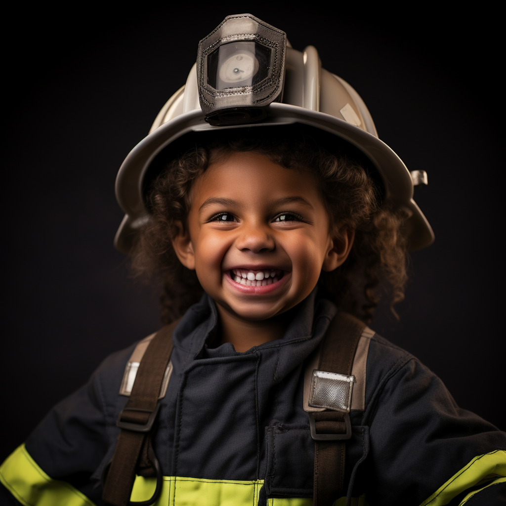 Smiling child in firefighter outfit