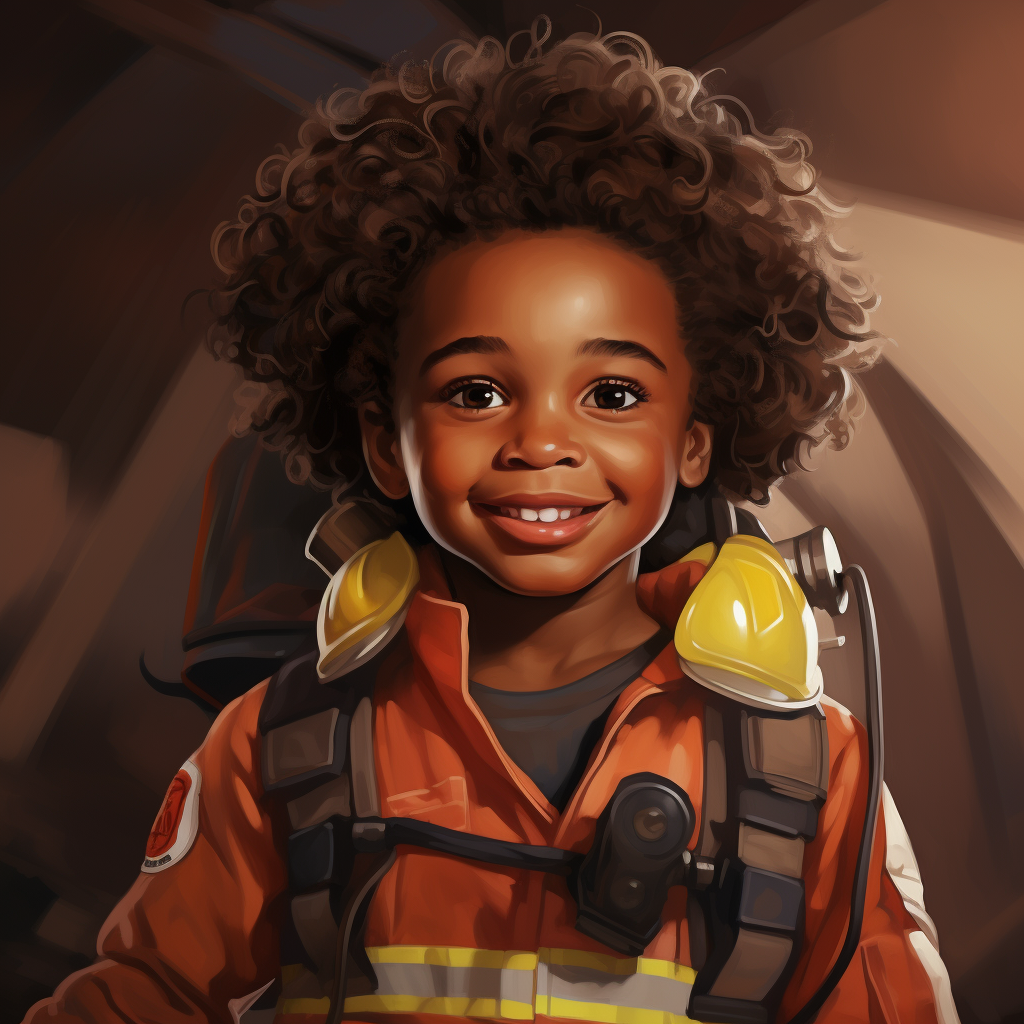 Young child with joyful expression dressed as a firefighter ?